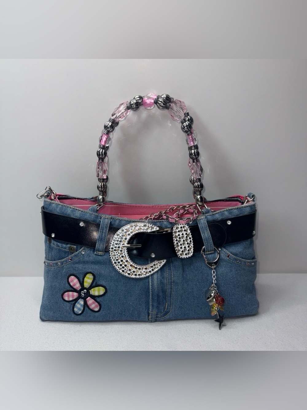 Beaded Handle Denim Tote Bag with Pink Lining